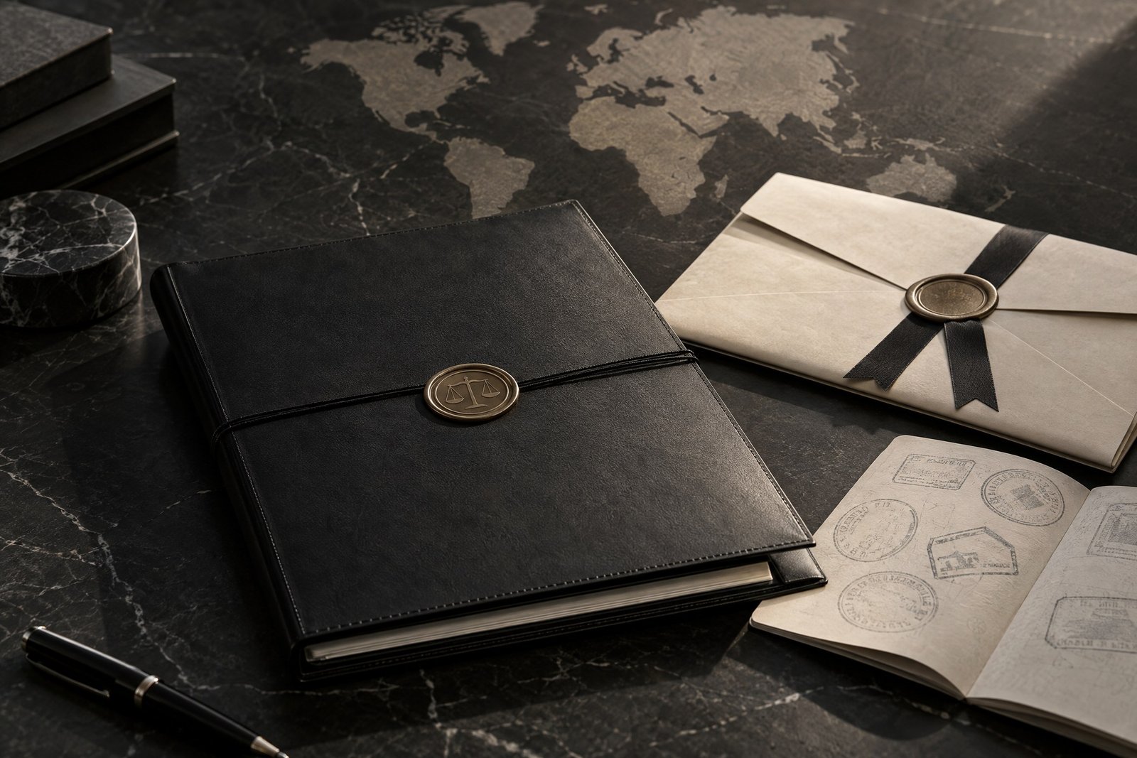 Monochrome documentary composition representing cross-border arbitral award enforcement materials.