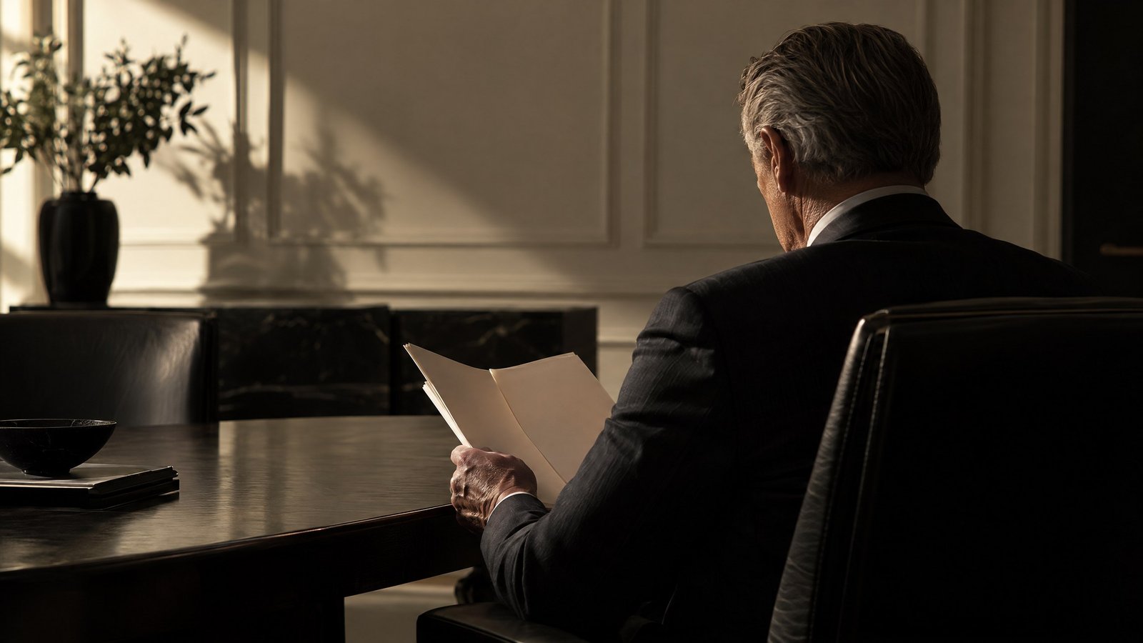 Professional review of a data-governance dossier in a restrained boardroom.