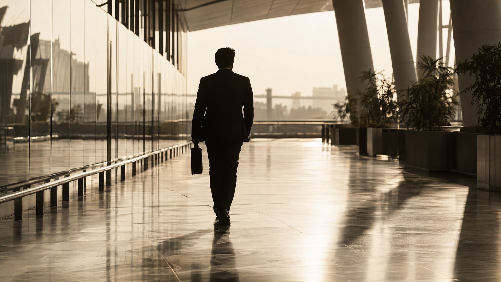 Professional arriving with documents in an architectural transit setting.