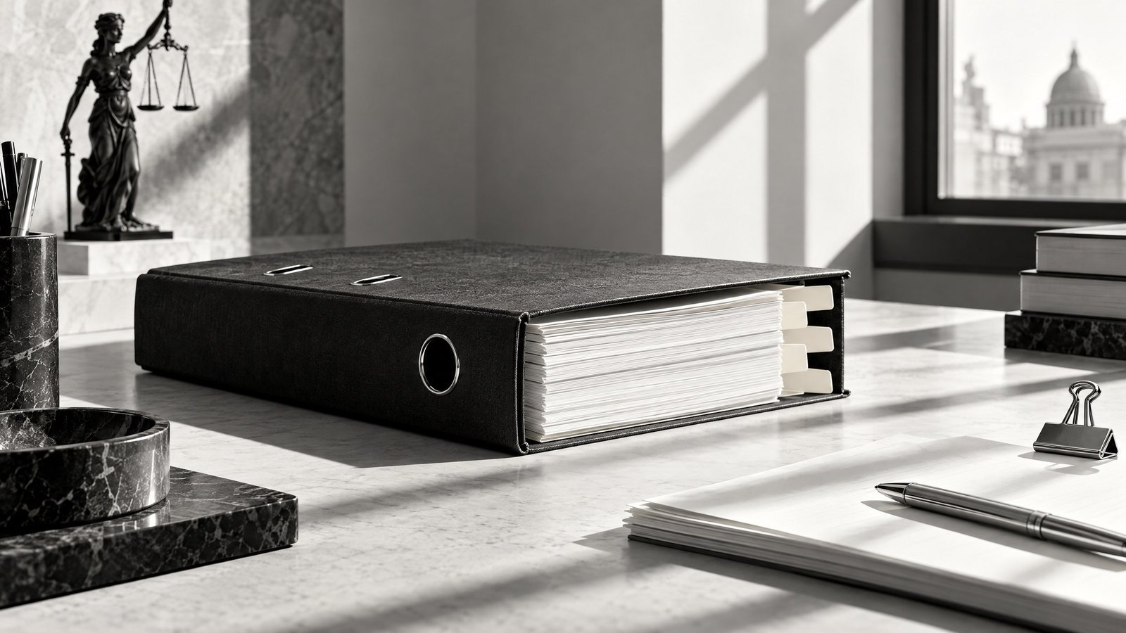 Ordered employment-compliance documents and record binder on a dark desk.