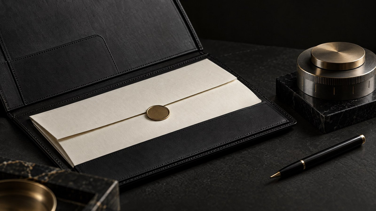Guarantee release letter and expiry-control materials arranged in a black leather folio.