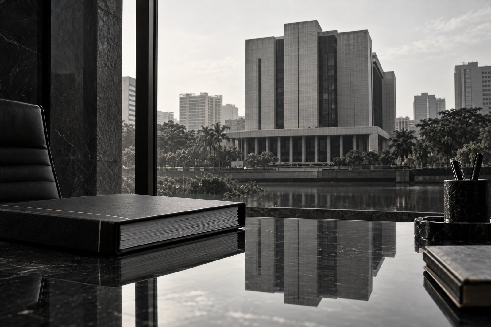 Banking regulations in Bangladesh: monochrome financial-district and regulatory-file composition.