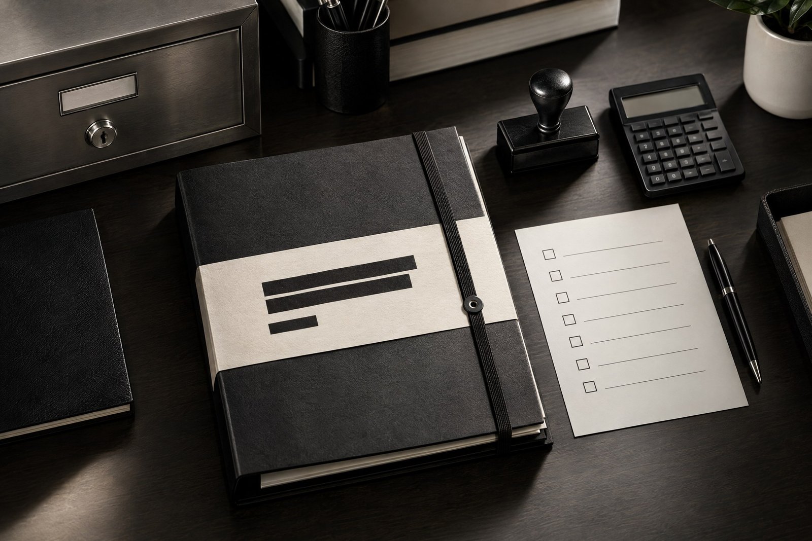 Monochrome control desk with redacted file and audit materials representing banking compliance.