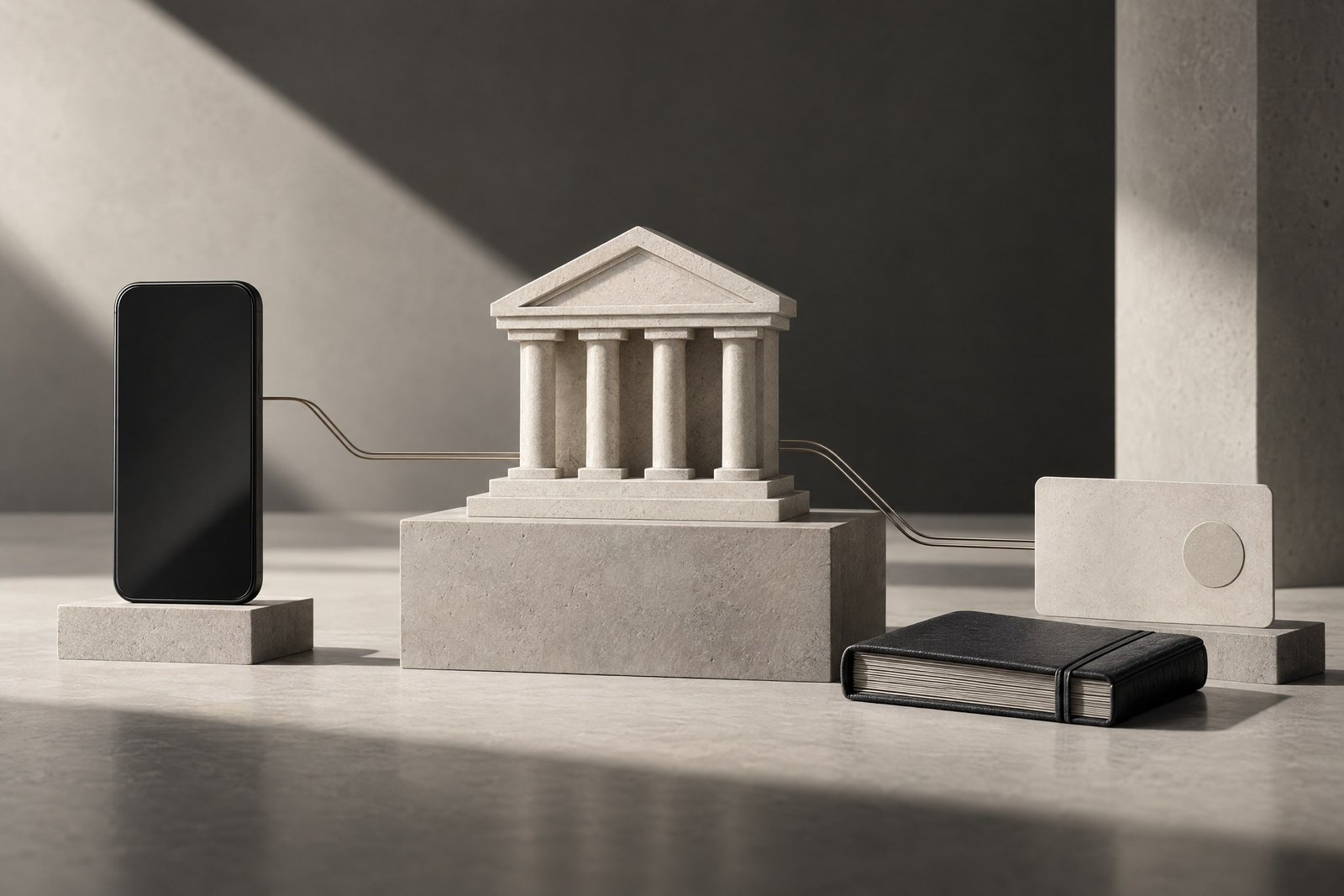 Monochrome editorial illustration representing regulated banking and payment controls.