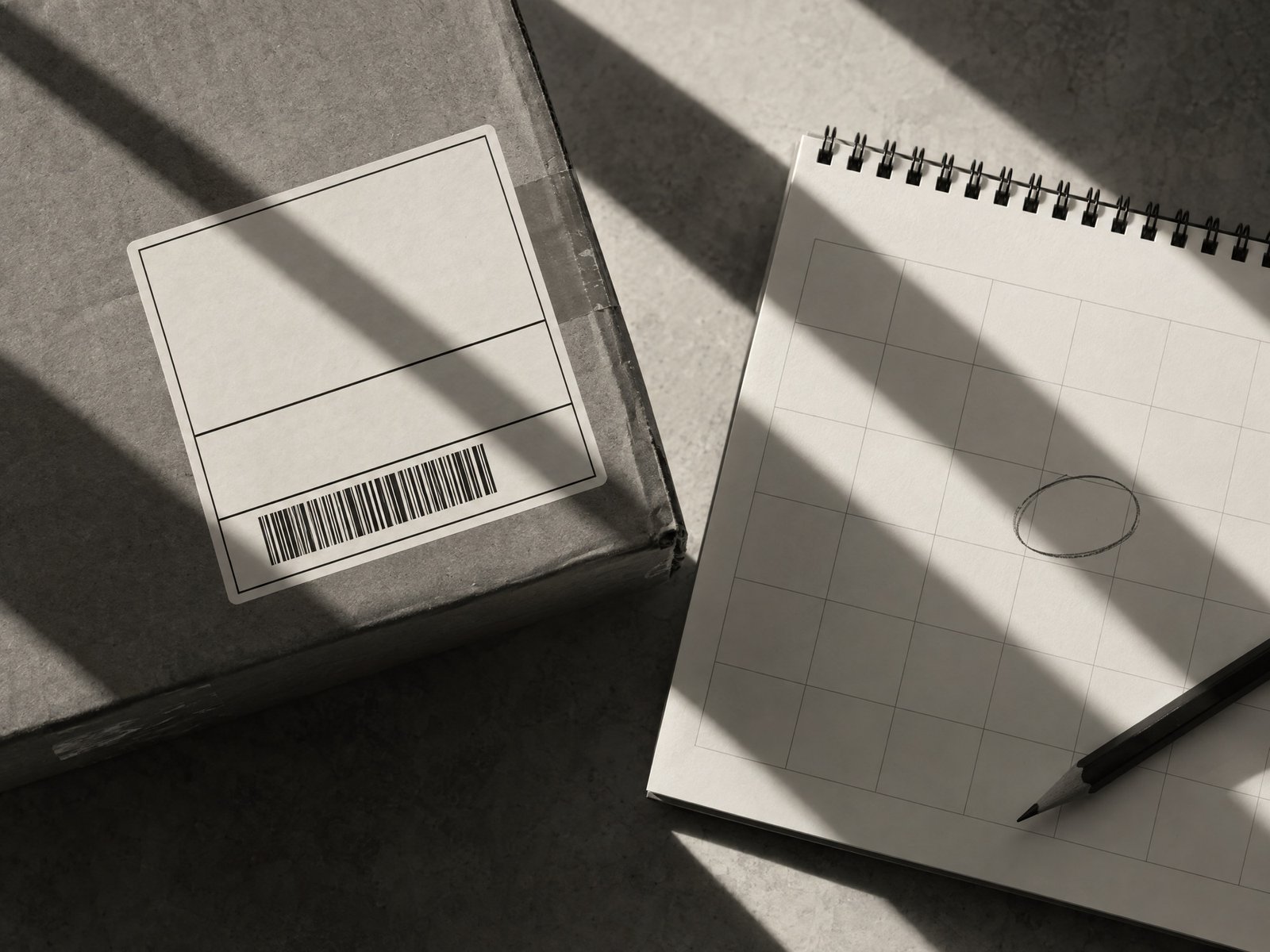 Black-and-white calendar and delivery label suggesting a missed contractual deadline.