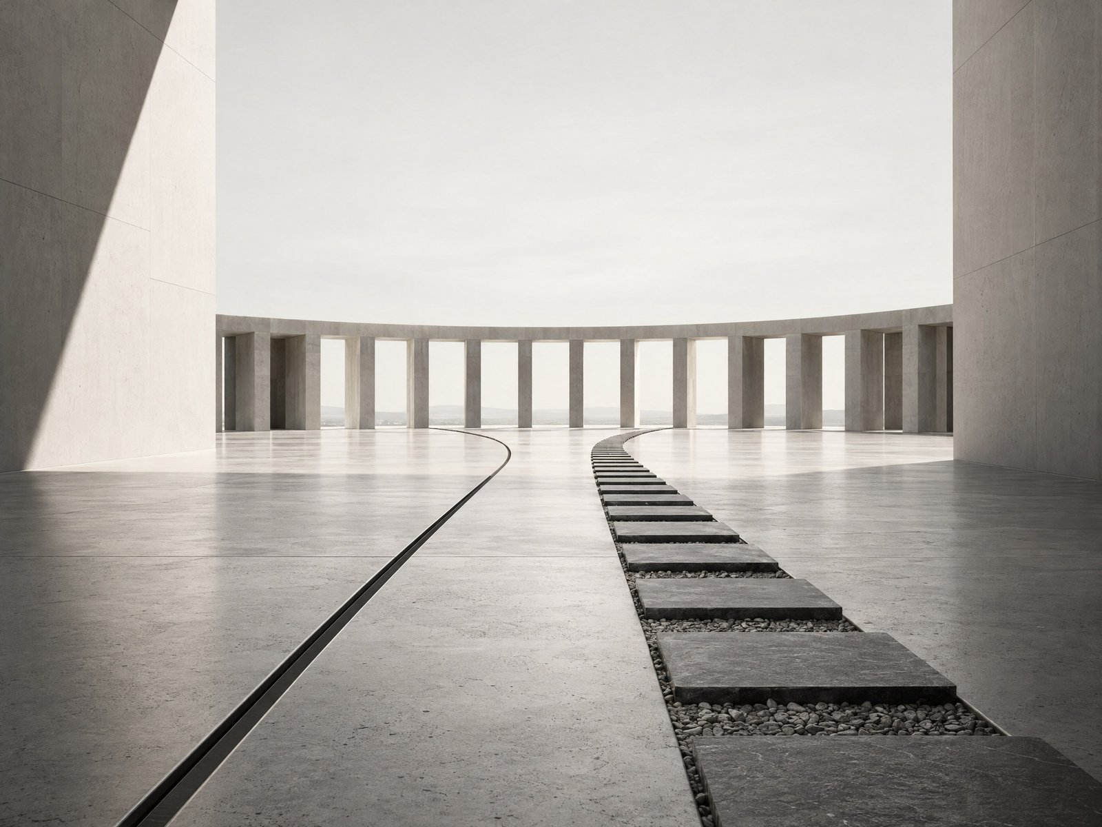 Two monochrome paths converging toward abstract columns, representing dispute-resolution choices.