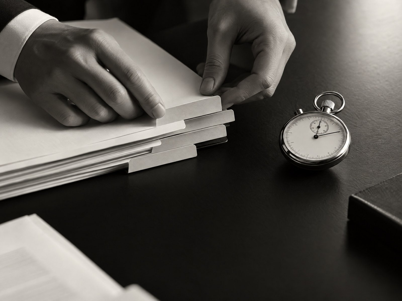 Hands organising document tabs beside a stopwatch in black and white.