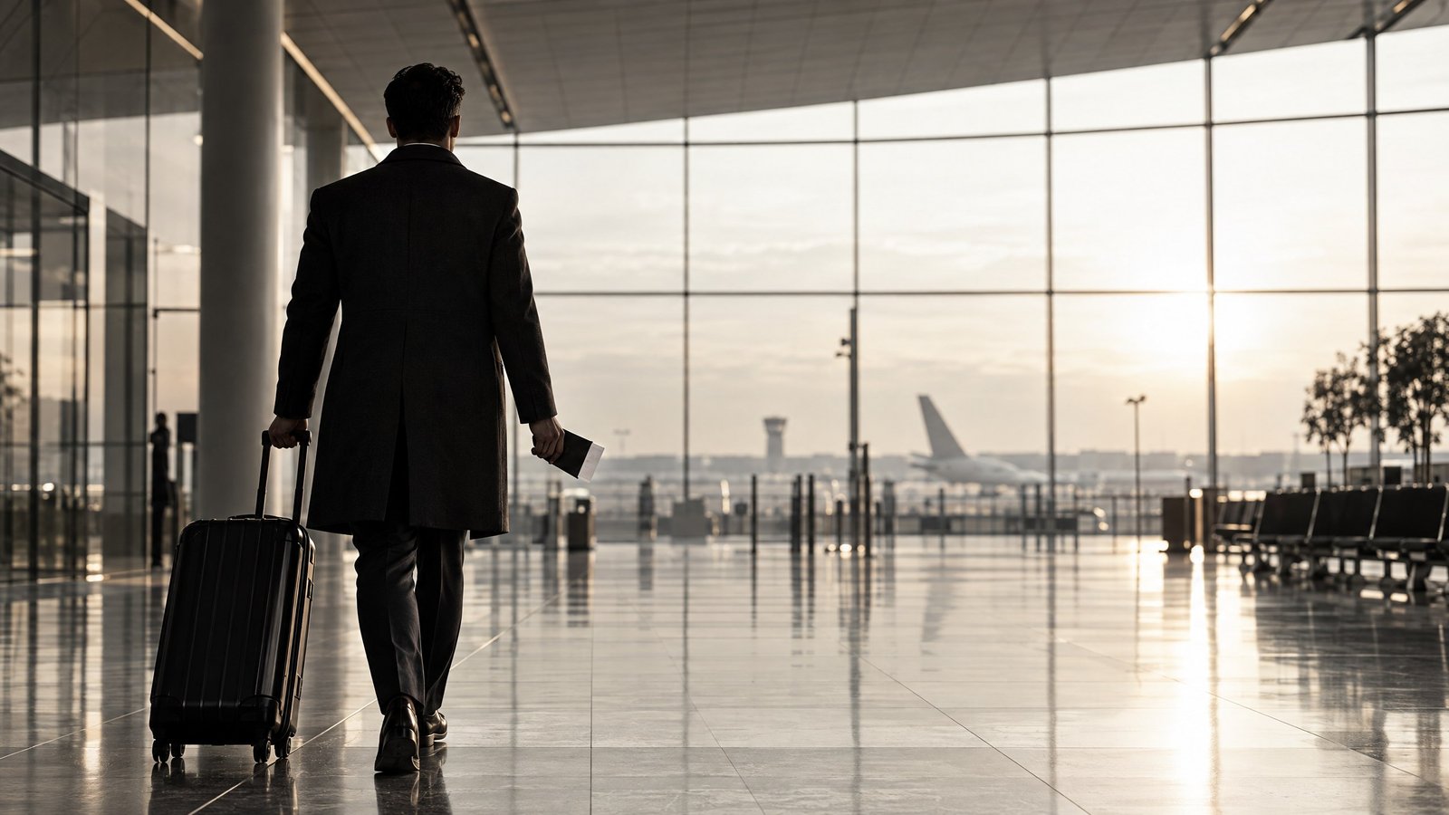 Bangladesh business visa traveller in a modern airport departure hall.