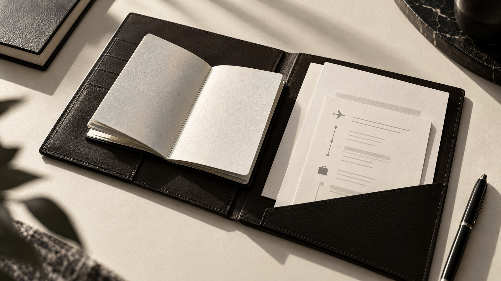 Bangladesh business visa application materials arranged in a dark leather folio.