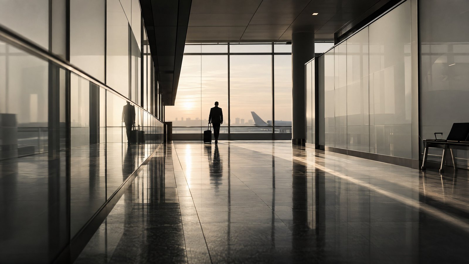 International business traveller moving through an airport transit corridor.