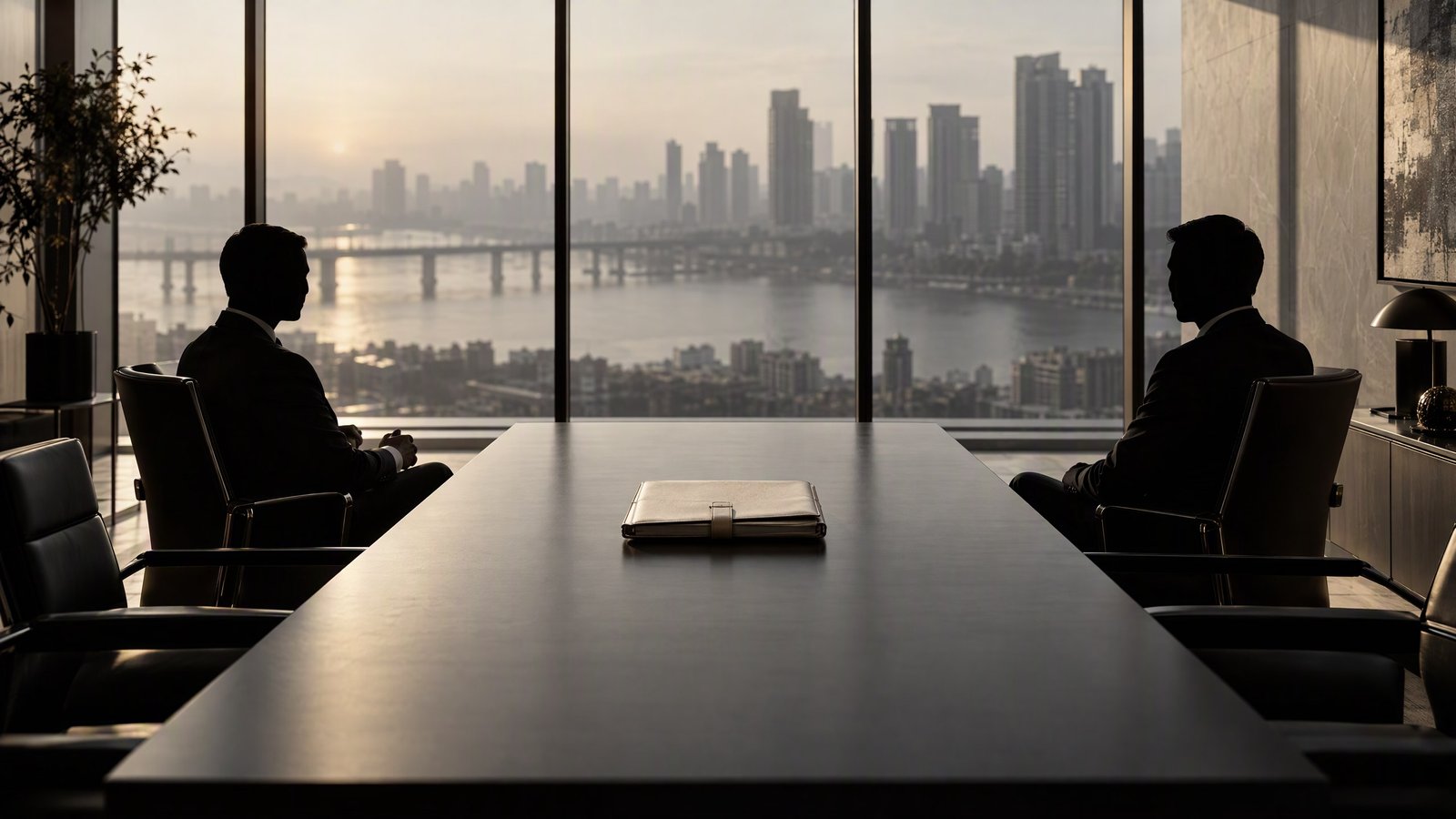 Two business visitors meeting across a boardroom table in an international city.