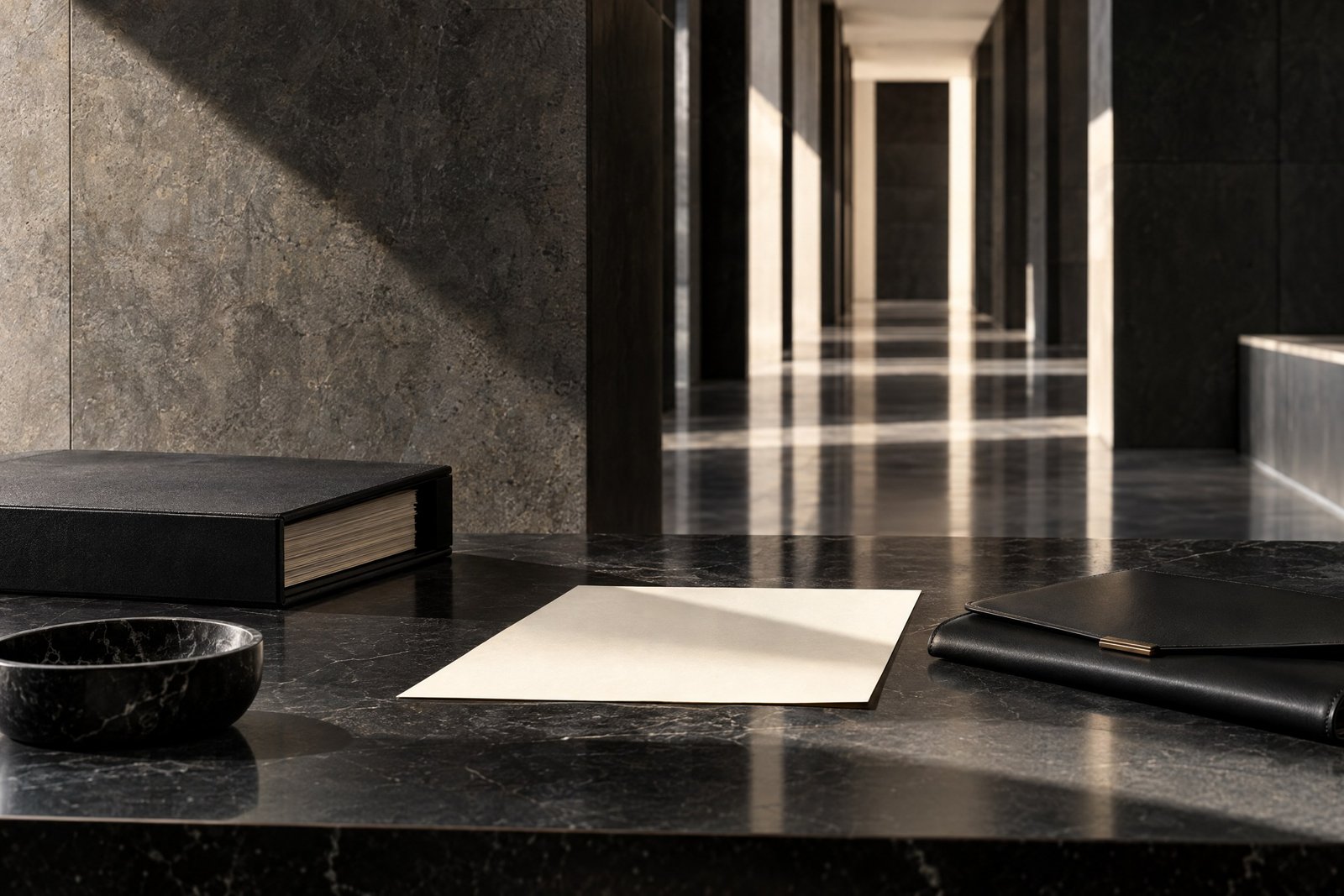 Monochrome settlement file and archival-corridor composition representing a documented repatriation record.