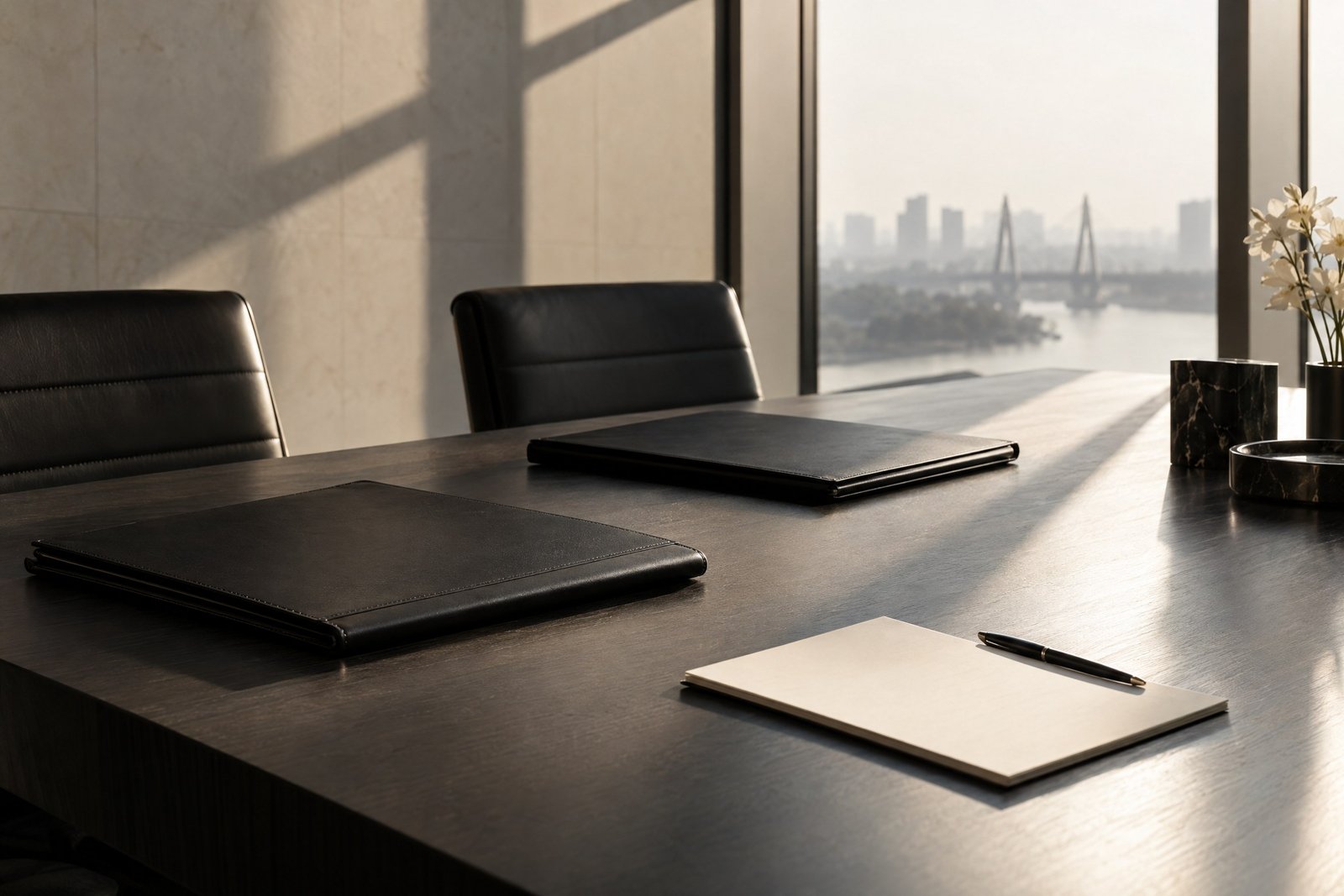 Monochrome boardroom record composition representing competition-law governance review.
