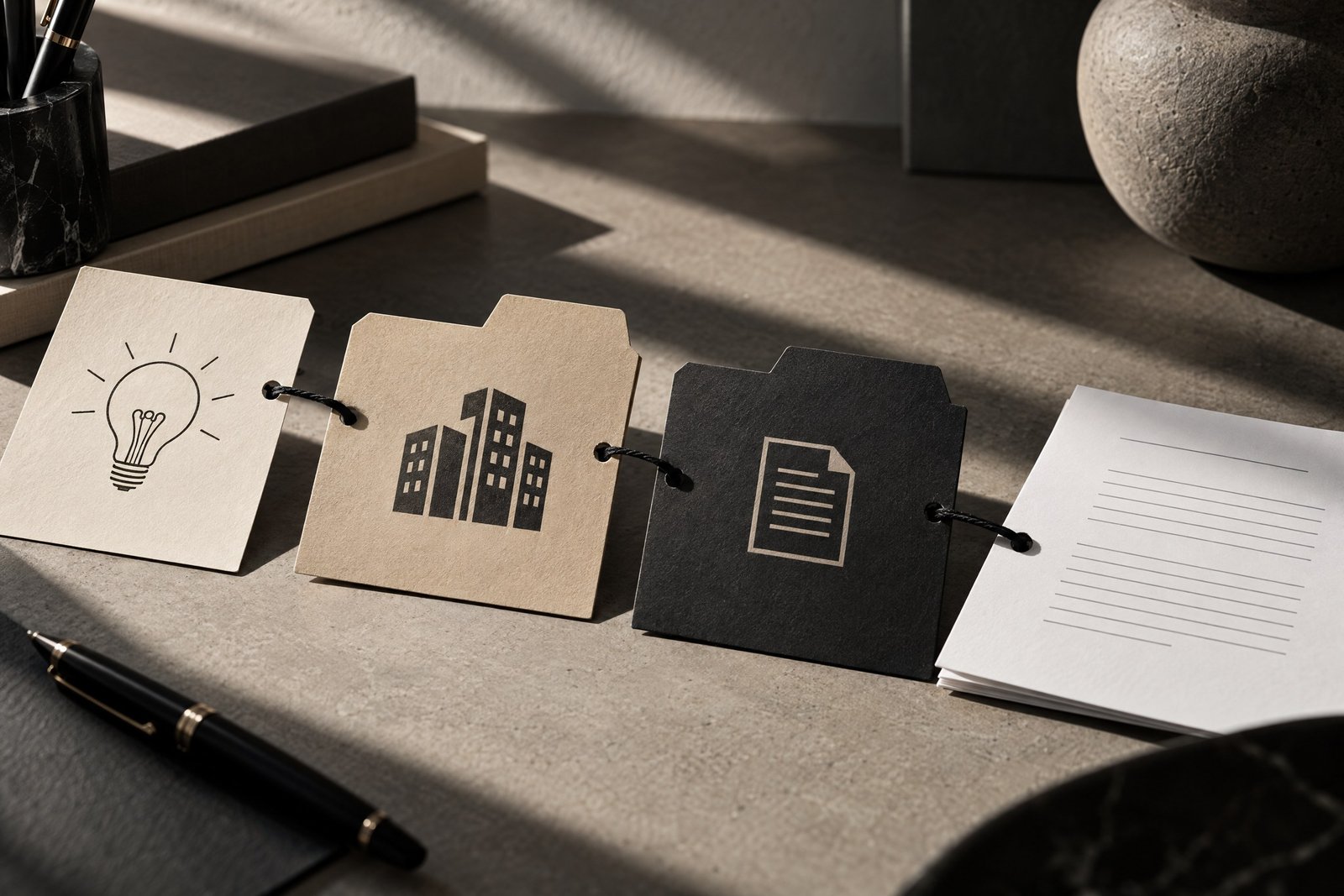Monochrome editorial composition representing creator, company and licence documentation.