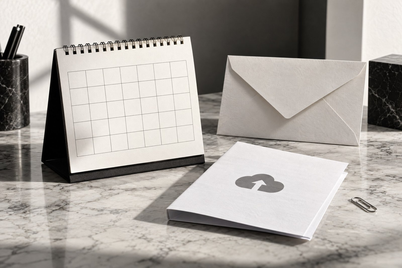 Monochrome calendar and document composition representing filing, notice and review stages.