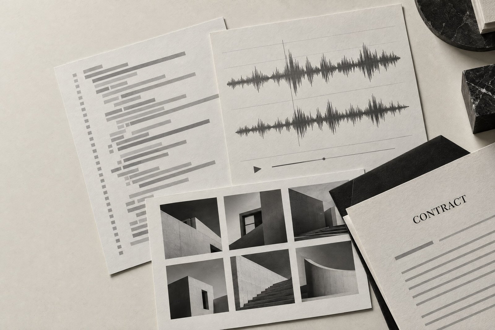 Monochrome creative-asset and contract composition representing a commercial copyright review.