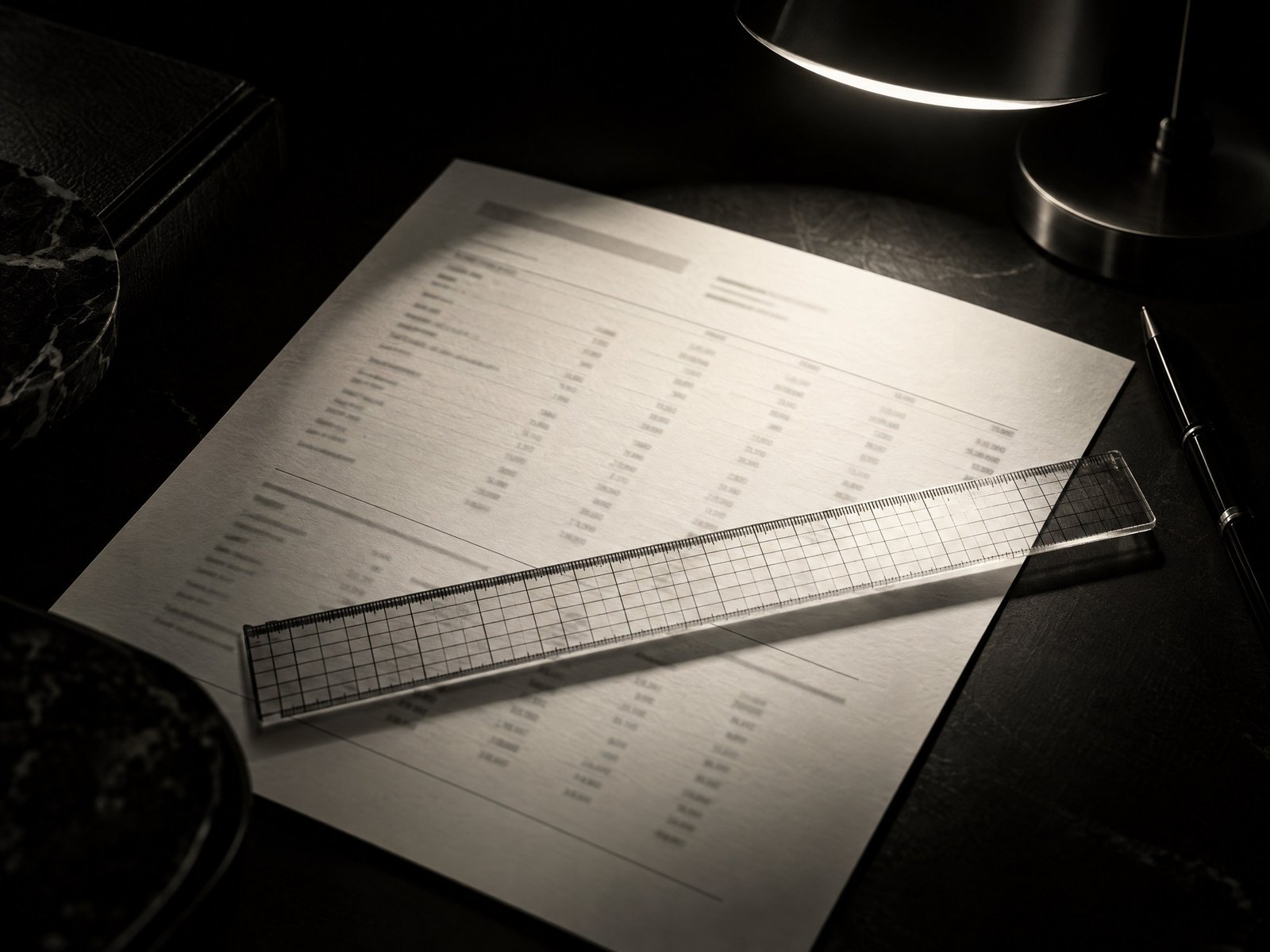 Monochrome ruler and softly lit unreadable report page representing financial review and disclosure.