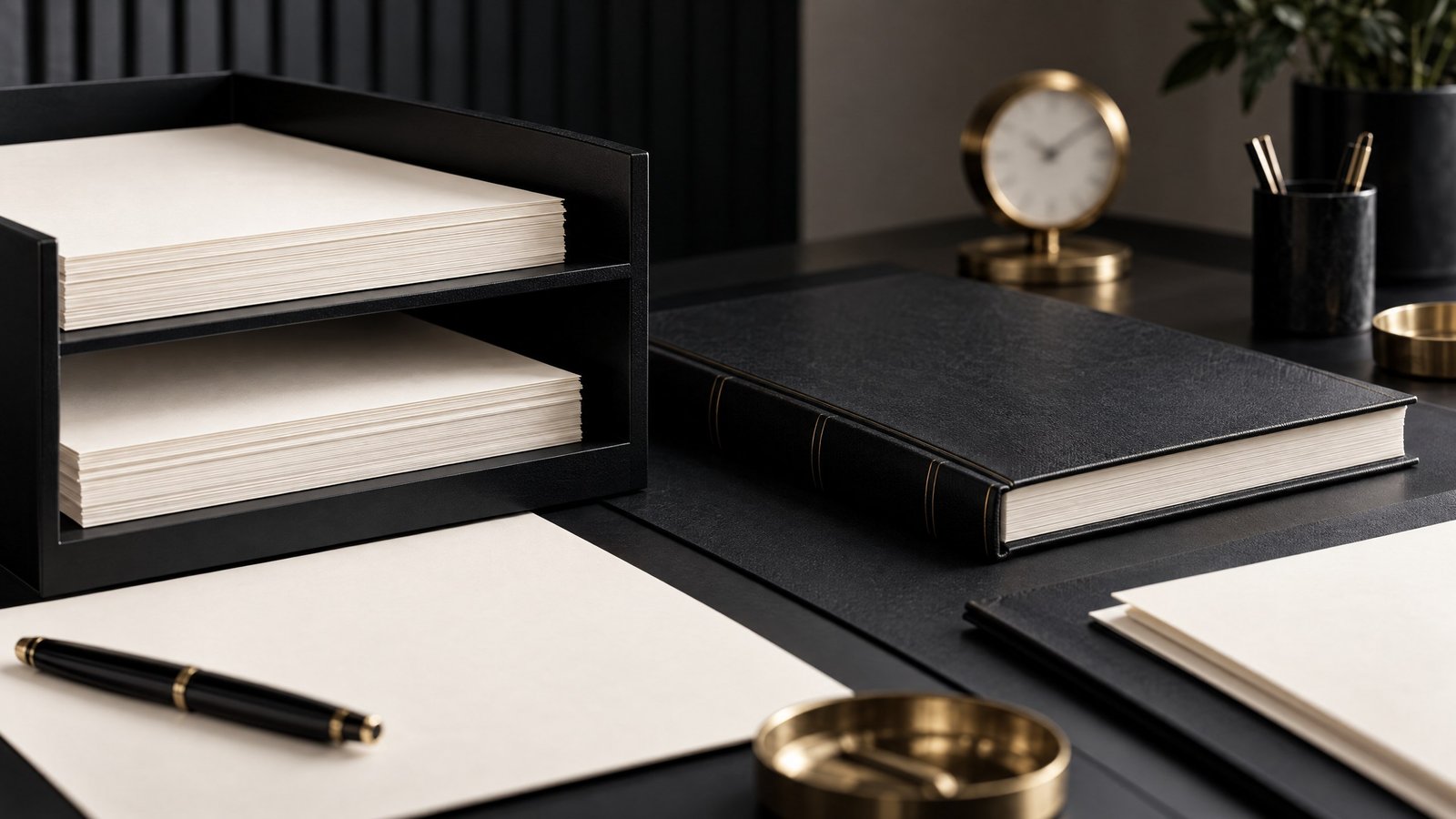 Year-end corporate income-tax filing records in a disciplined document tray.