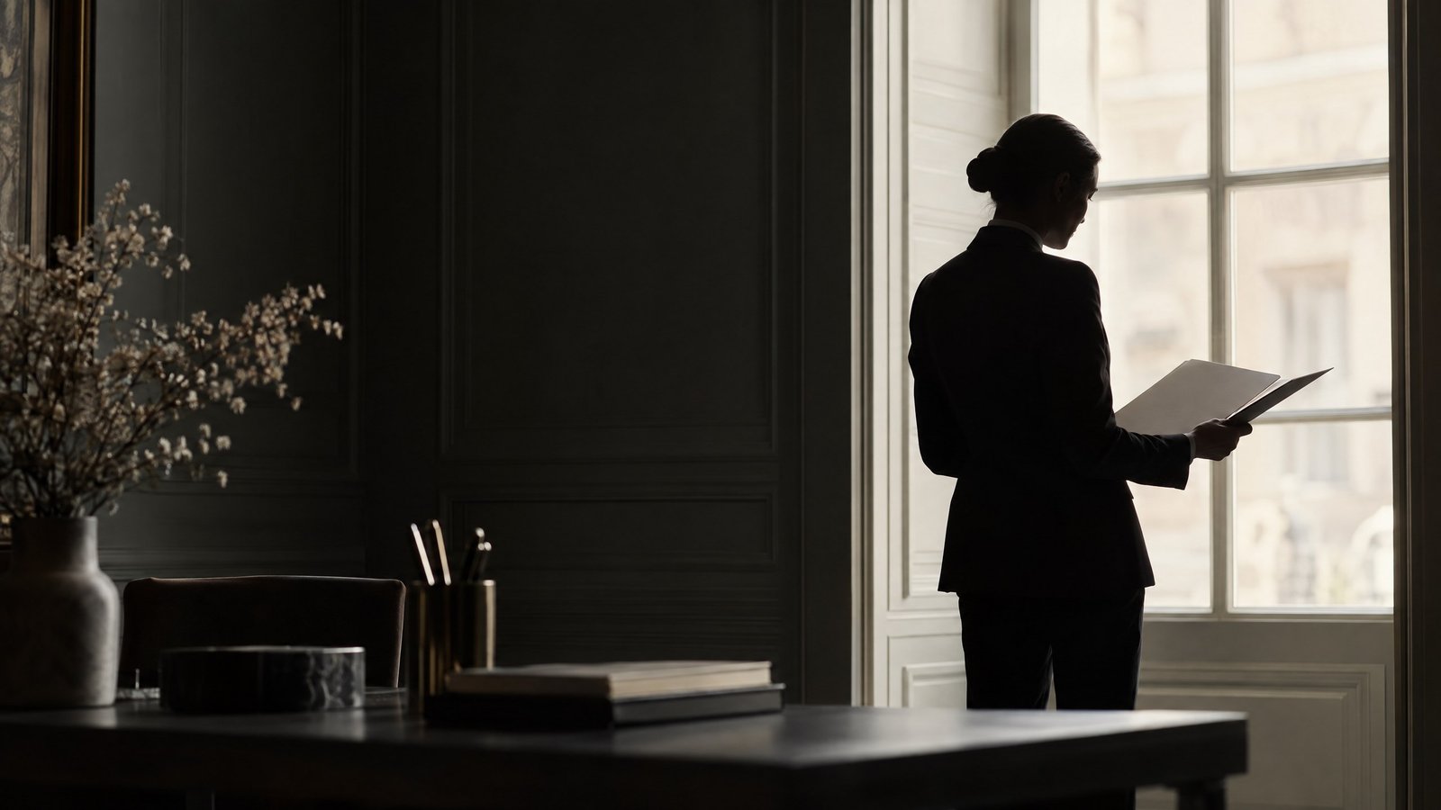 Official document review in a quiet formal interior.