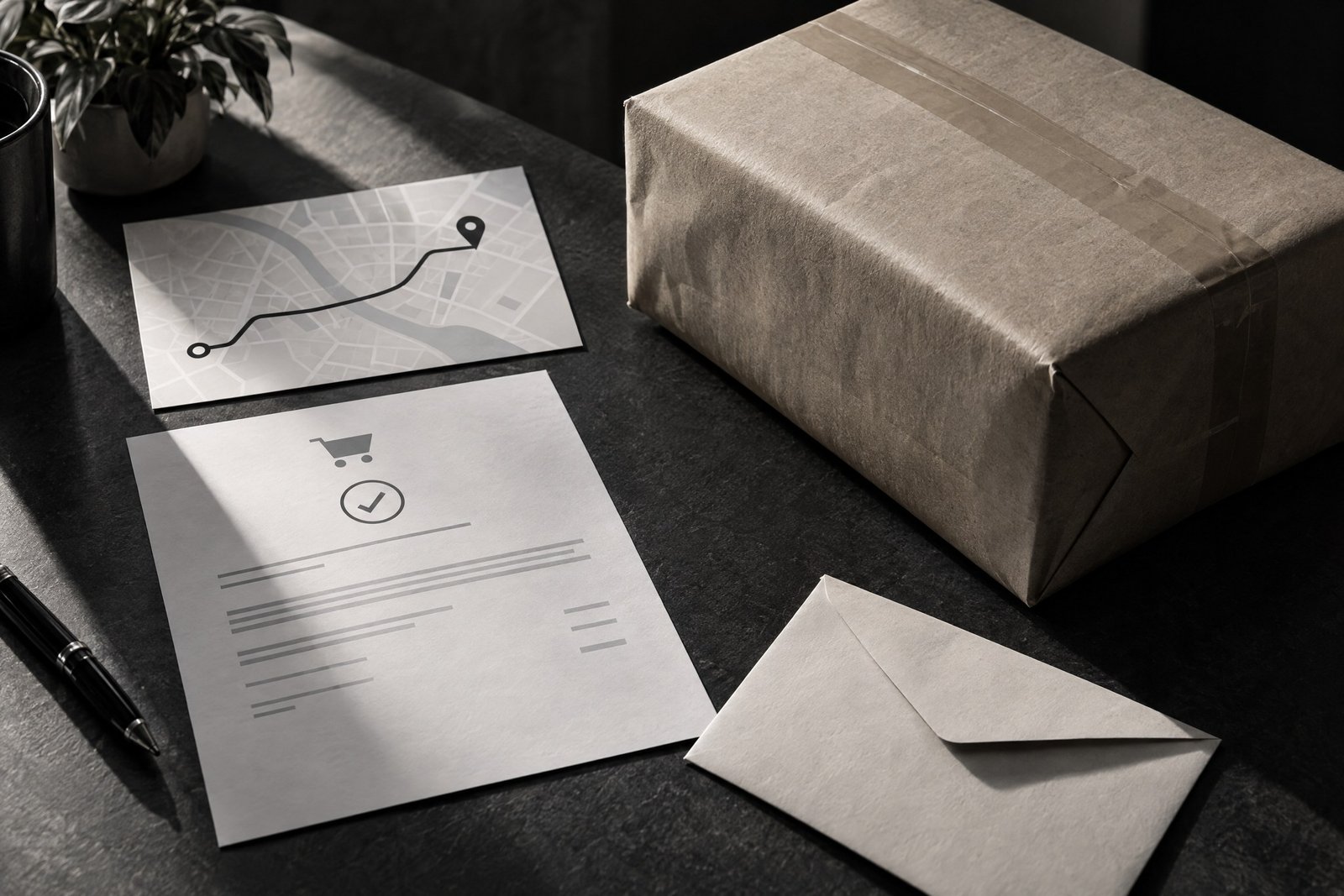 Monochrome parcel and order-record composition representing delivery accountability.