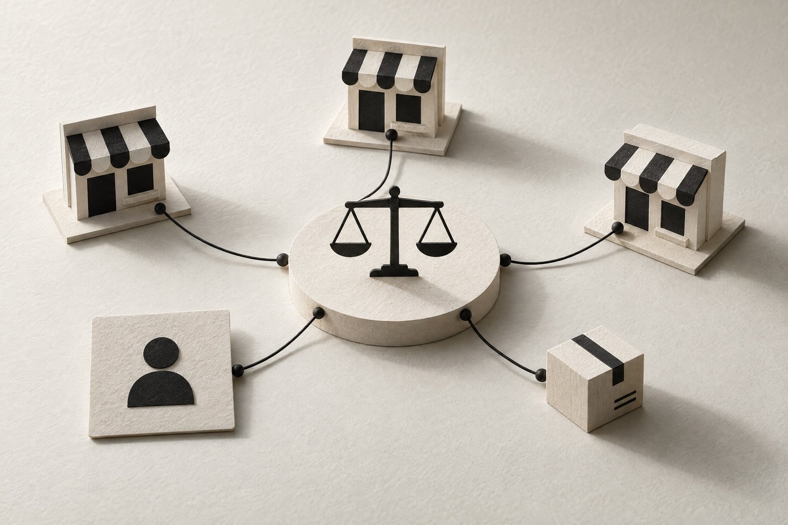Monochrome platform and vendor composition representing marketplace governance.
