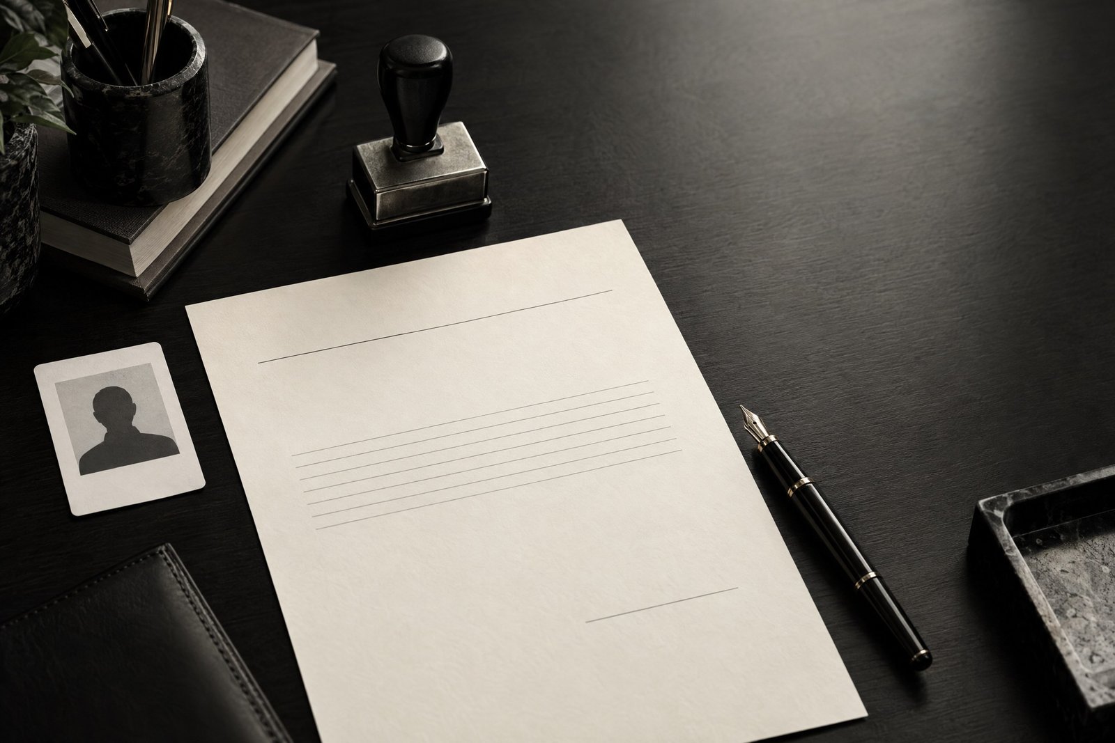 Employment contracts in Bangladesh: appointment letter, identity card and pen in a monochrome editorial composition.