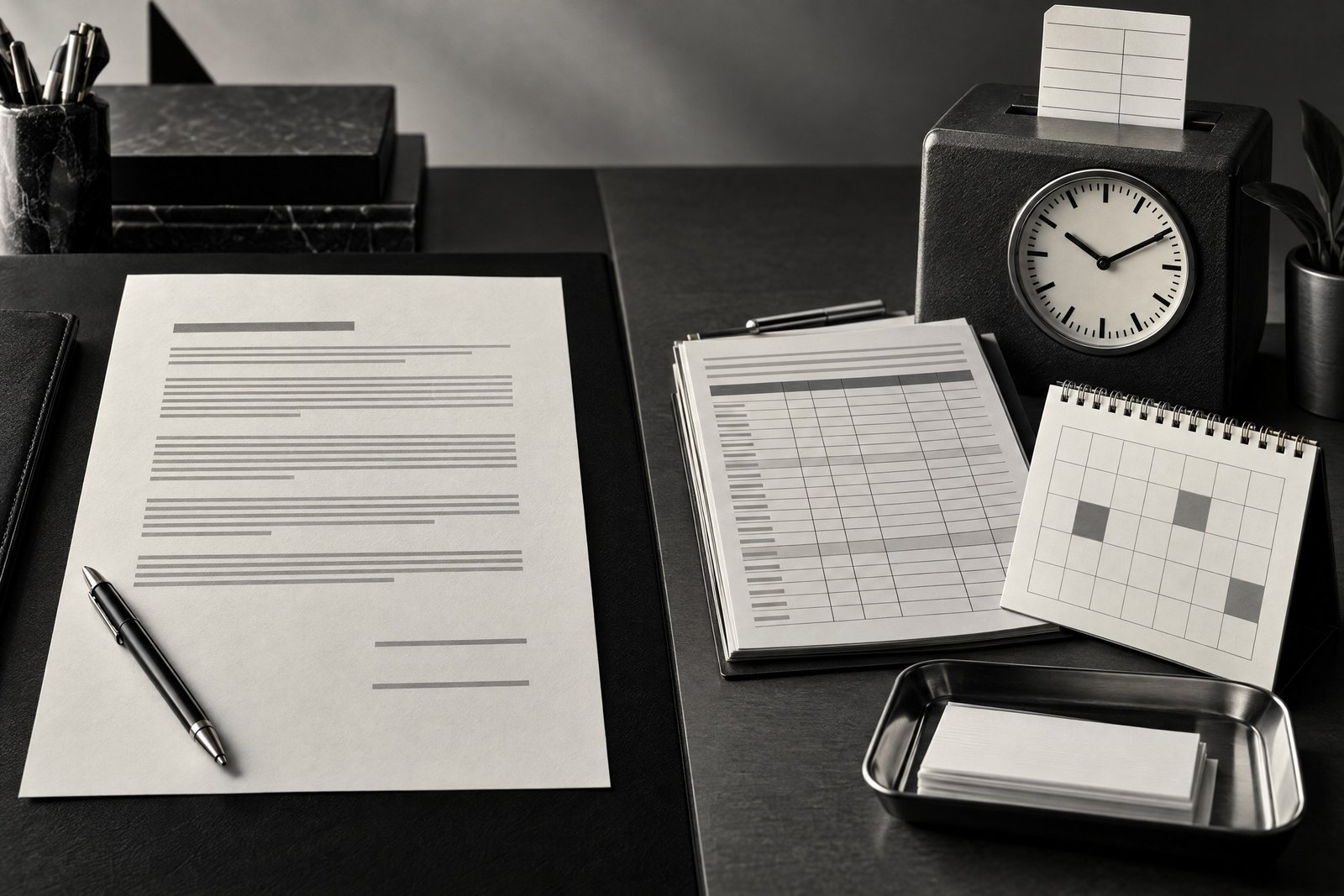 Monochrome contract and payroll-record composition representing pay, time and leave terms.