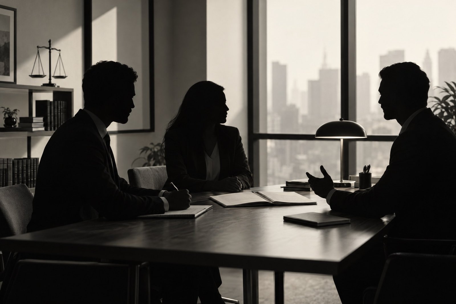 Monochrome meeting scene representing documented workplace process.