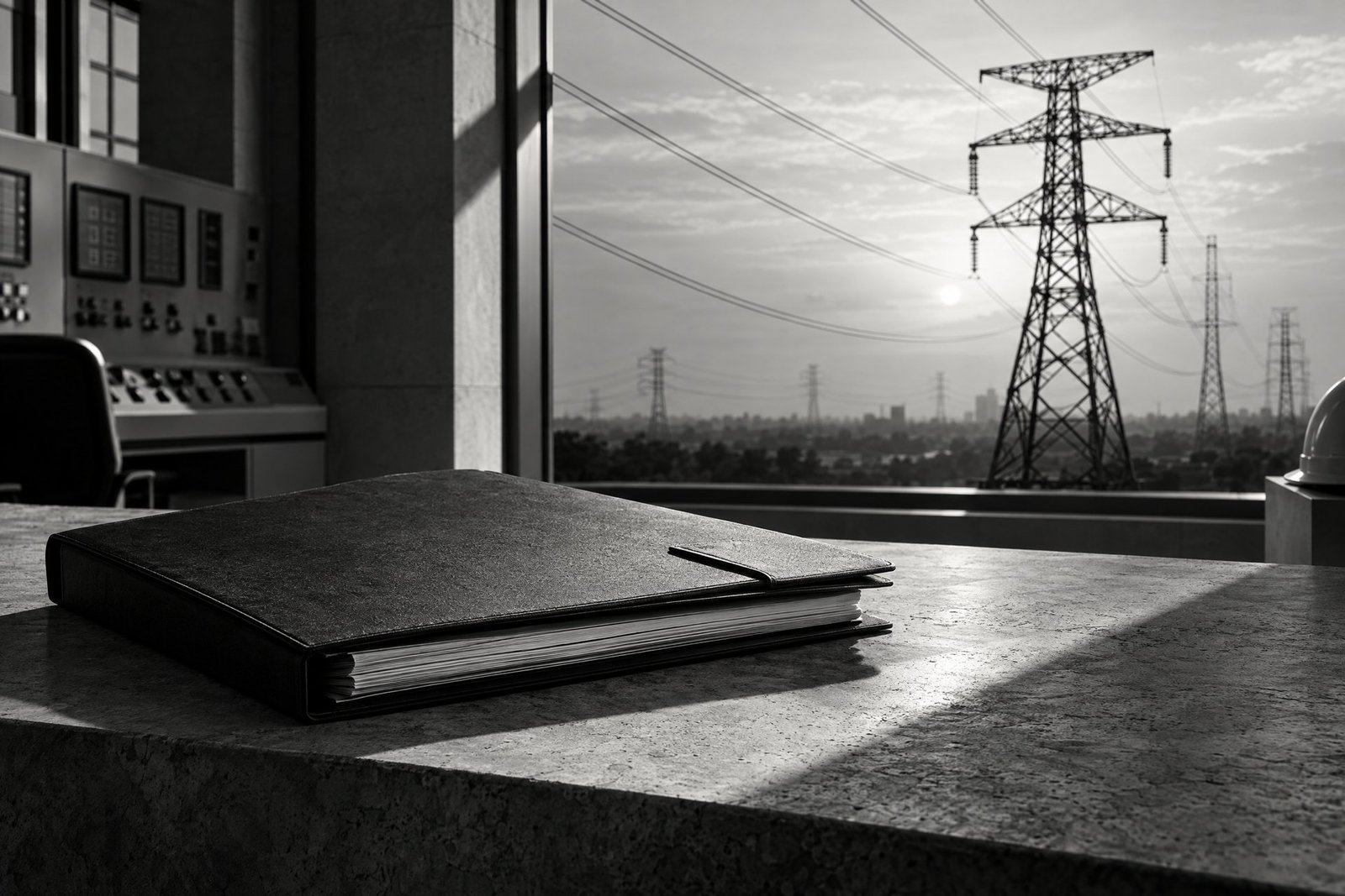 Energy company registration Bangladesh licensing folder beside transmission infrastructure
