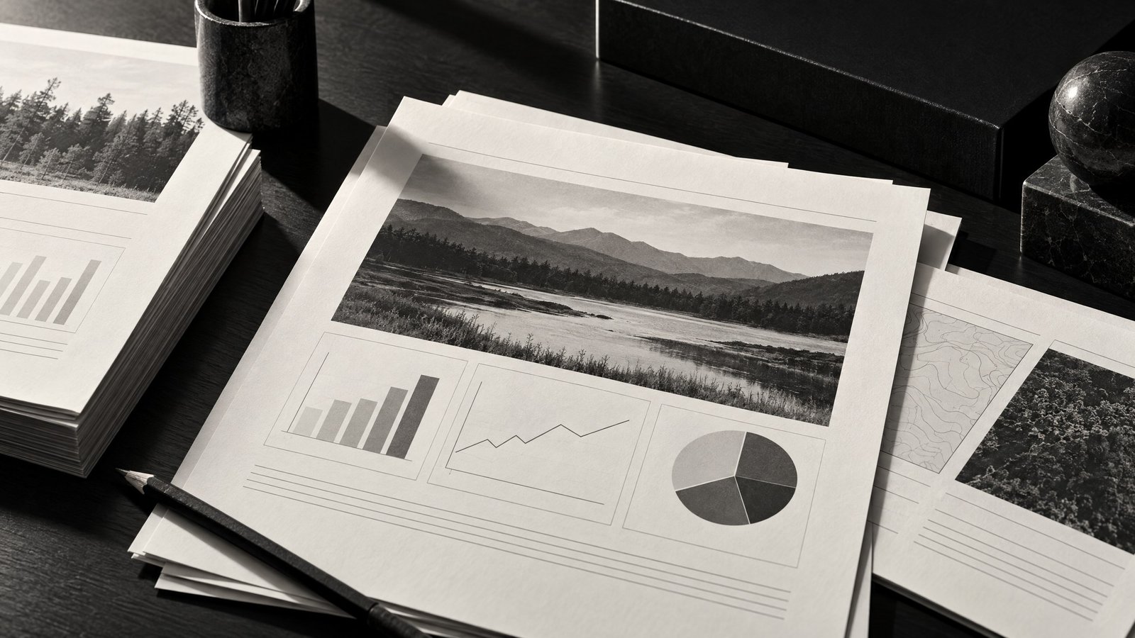 Impact-study papers and review tools arranged on an ivory work surface.