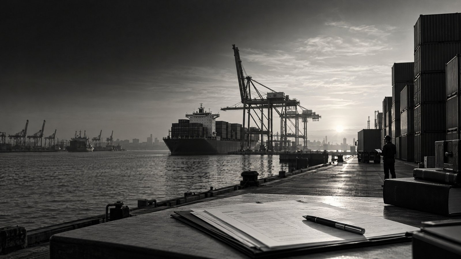 Monochrome Bangladesh port and licensing-file composition representing import and export licensing.