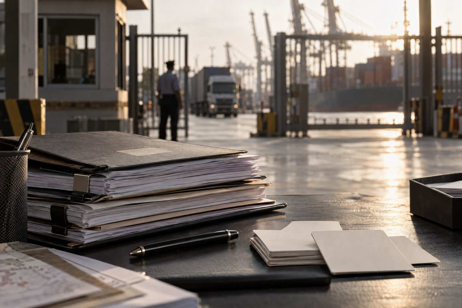 Monochrome customs-style folders and logistics composition representing trade licensing documentation.