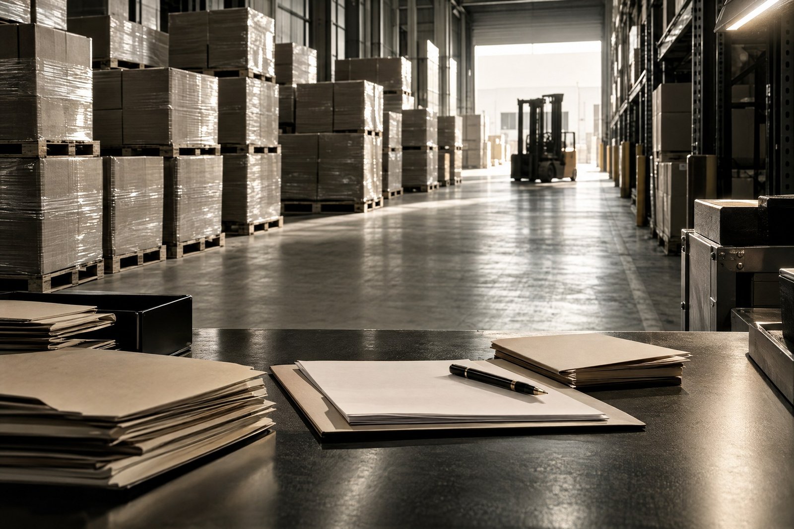 Monochrome bonded-warehouse and record-file composition representing import and export control operations.