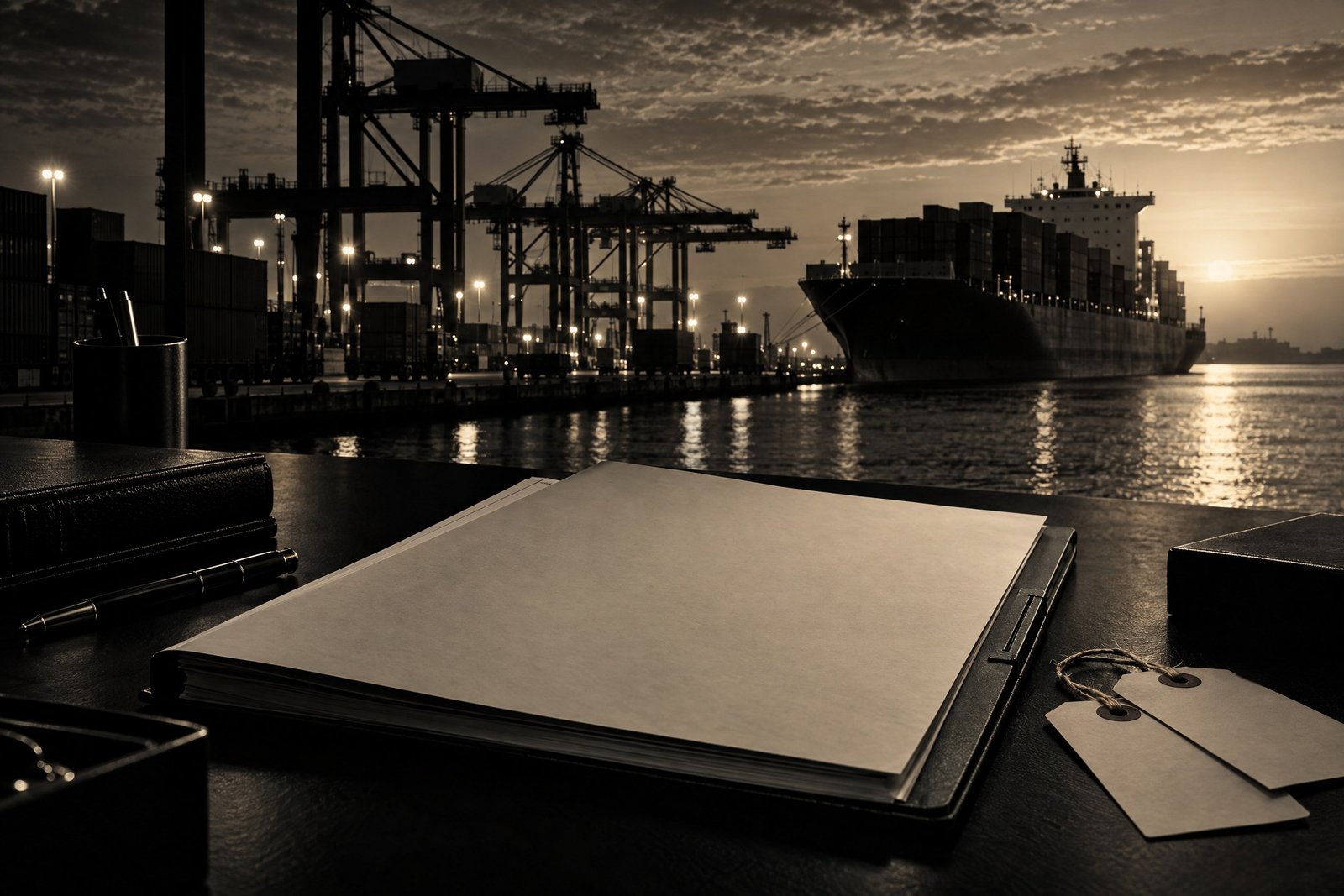 Monochrome port-departure and export-file composition representing documentary export controls.