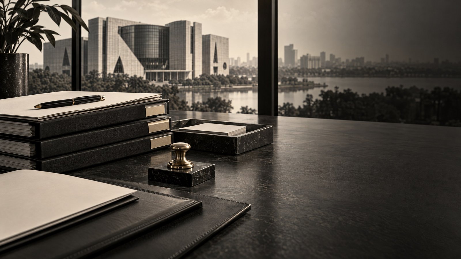 Monochrome administrative dossier and investment-authority architecture representing investment approvals in Bangladesh.
