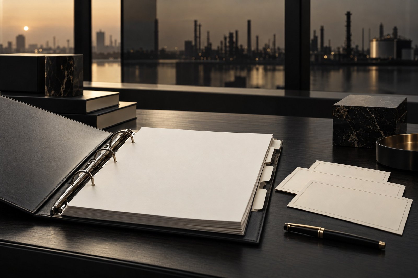 Monochrome investment-compliance file and industrial setting representing ongoing project compliance.