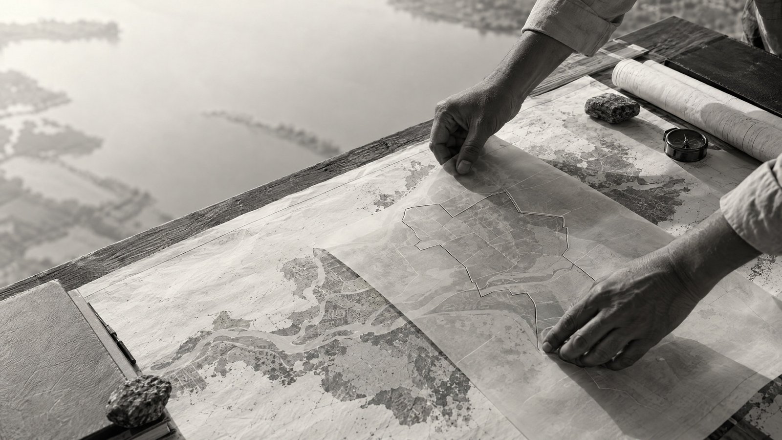 Monochrome hands aligning a parcel boundary overlay on an abstract land map for land acquisition in Bangladesh.