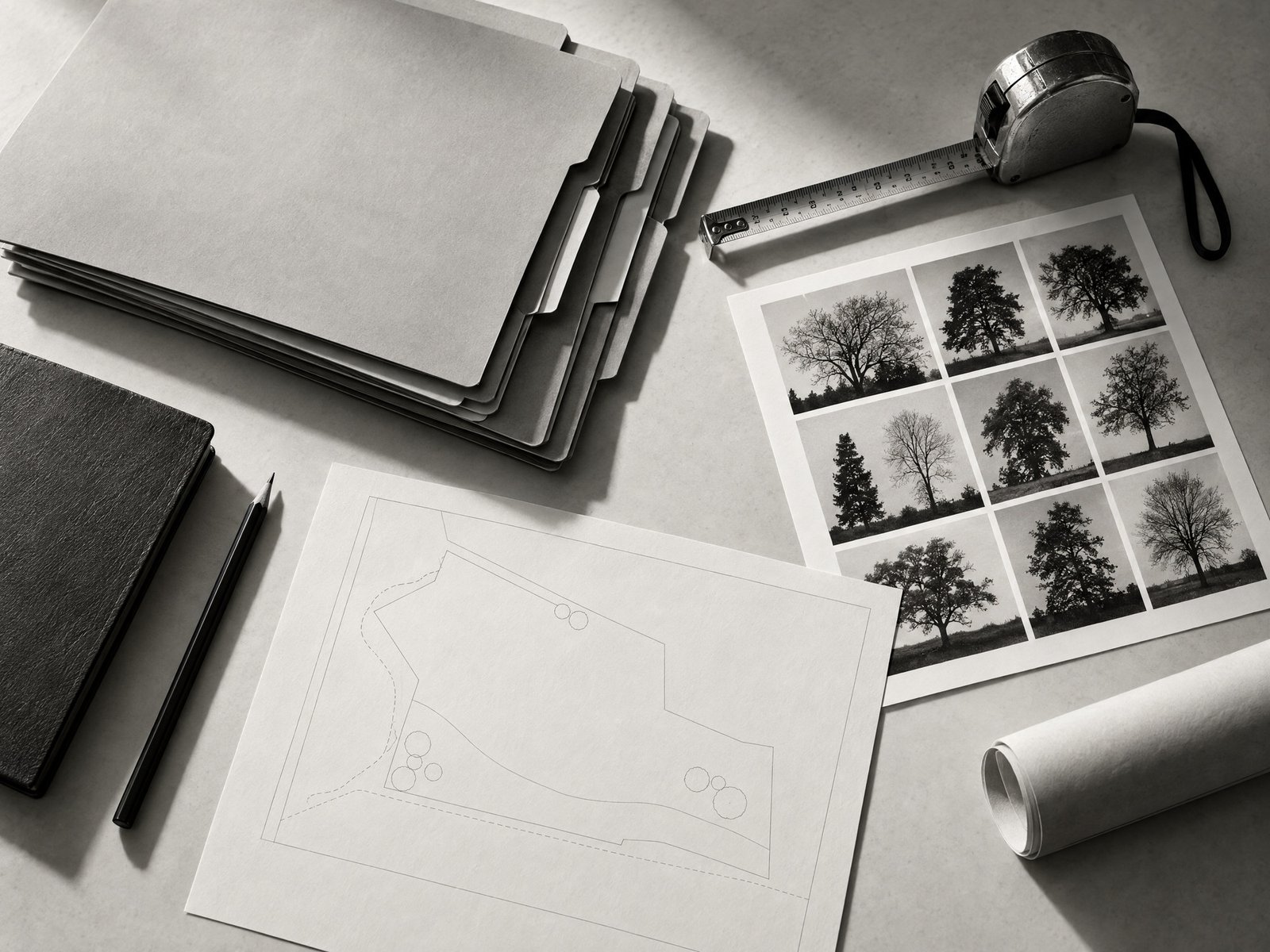 Monochrome acquisition evidence file with site sketch, tree contact sheet and measuring tools.