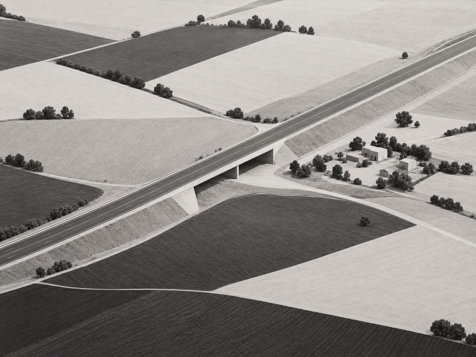 Monochrome conceptual infrastructure corridor crossing a mixed landscape.