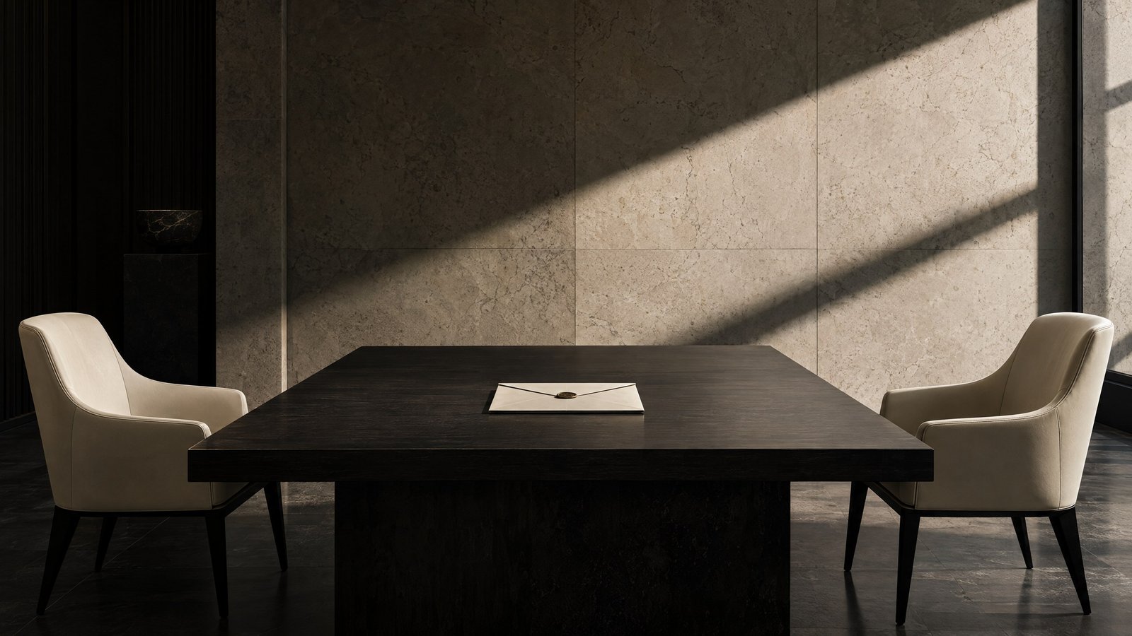 Negotiation table and correspondence representing dispute-resolution planning.
