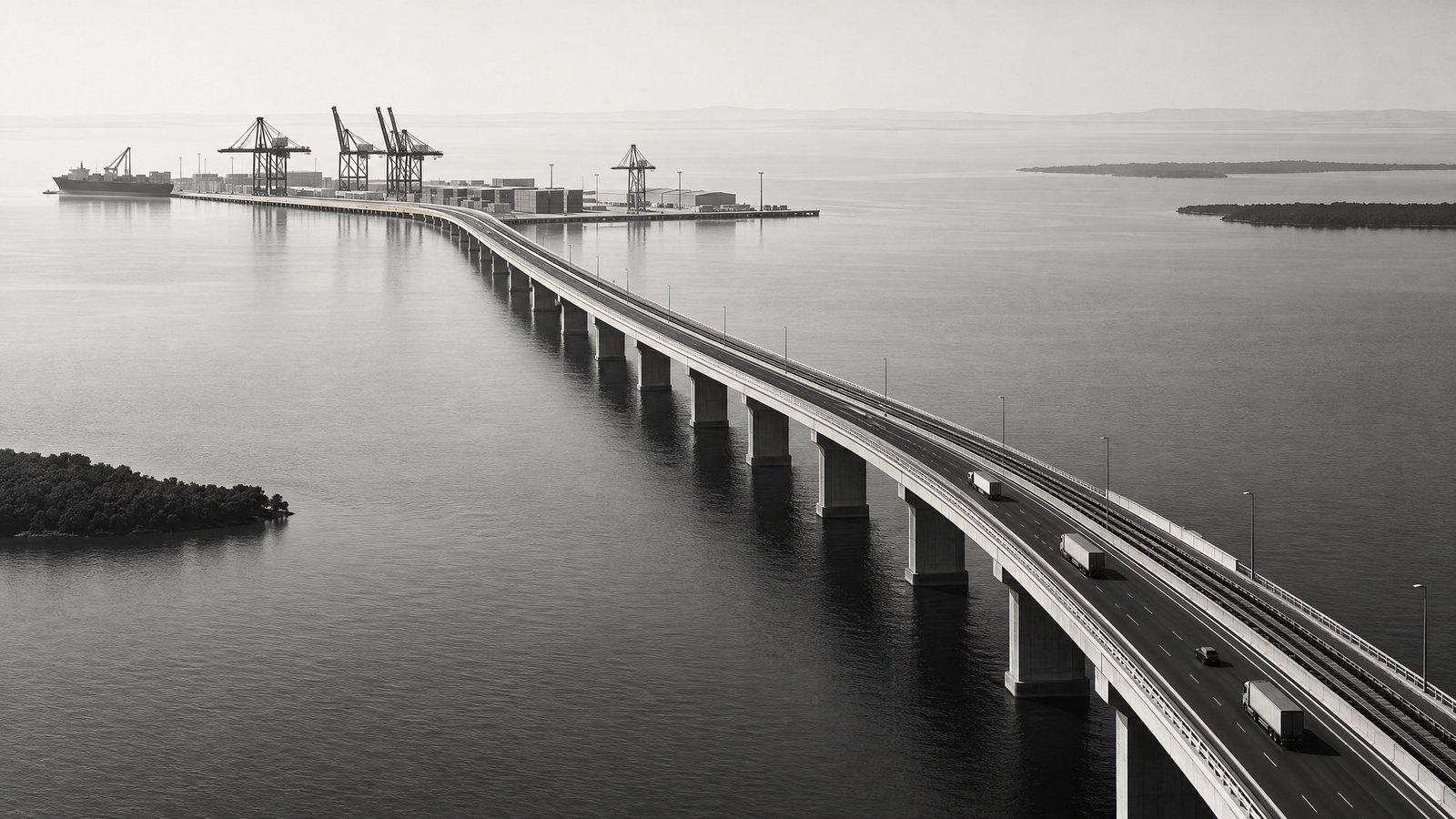 PPP Project: monochrome conceptual transport corridor crossing water toward abstract port infrastructure in Bangladesh.