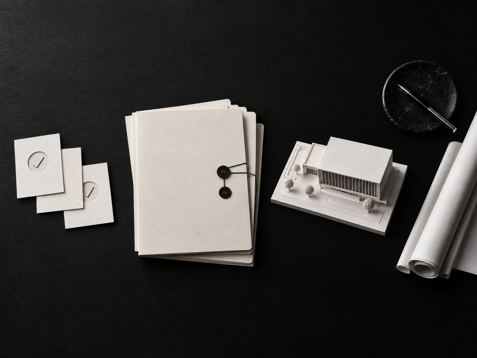 Monochrome folders and architectural model representing staged PPP approval and procurement.