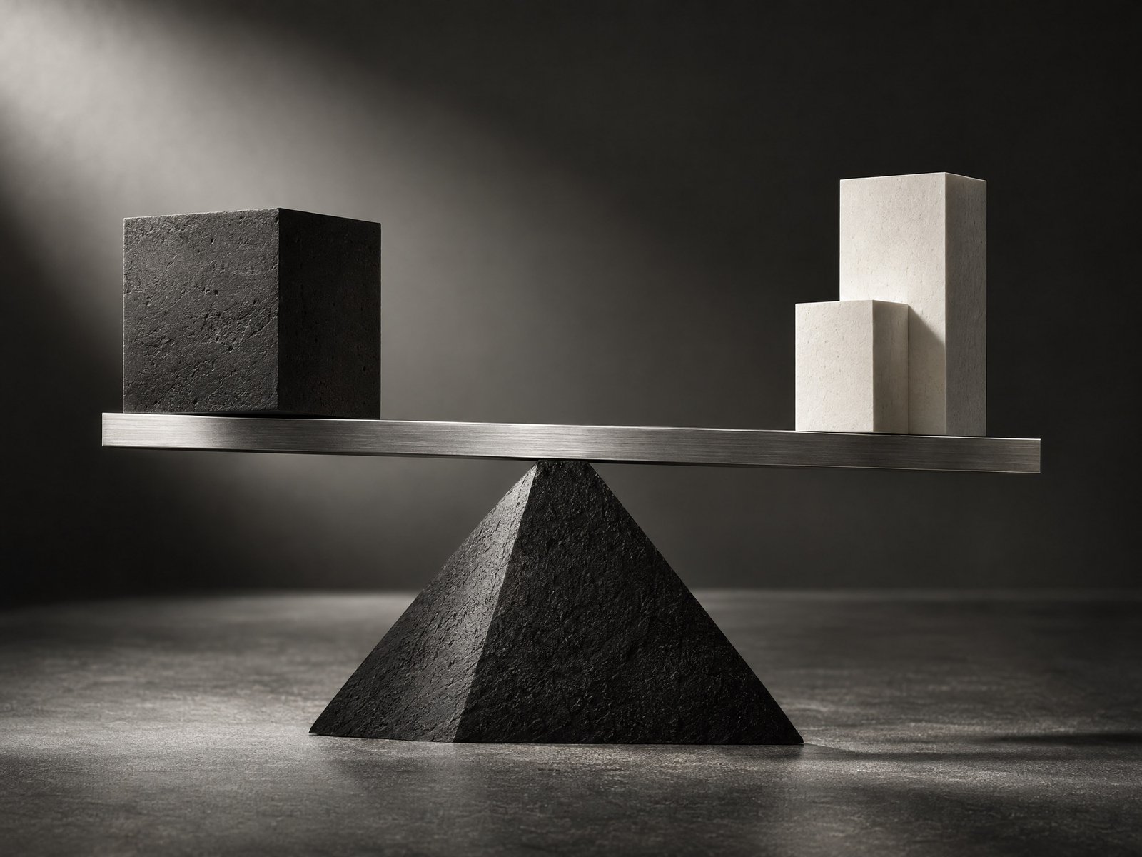 Monochrome architectural blocks balanced to represent PPP risk allocation.