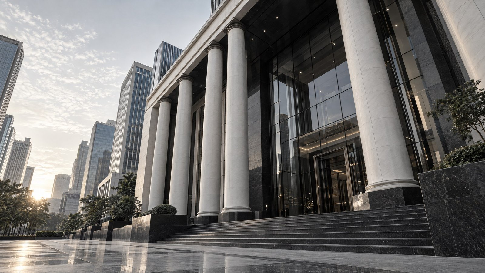 Financial-district façade representing a public limited company market context.