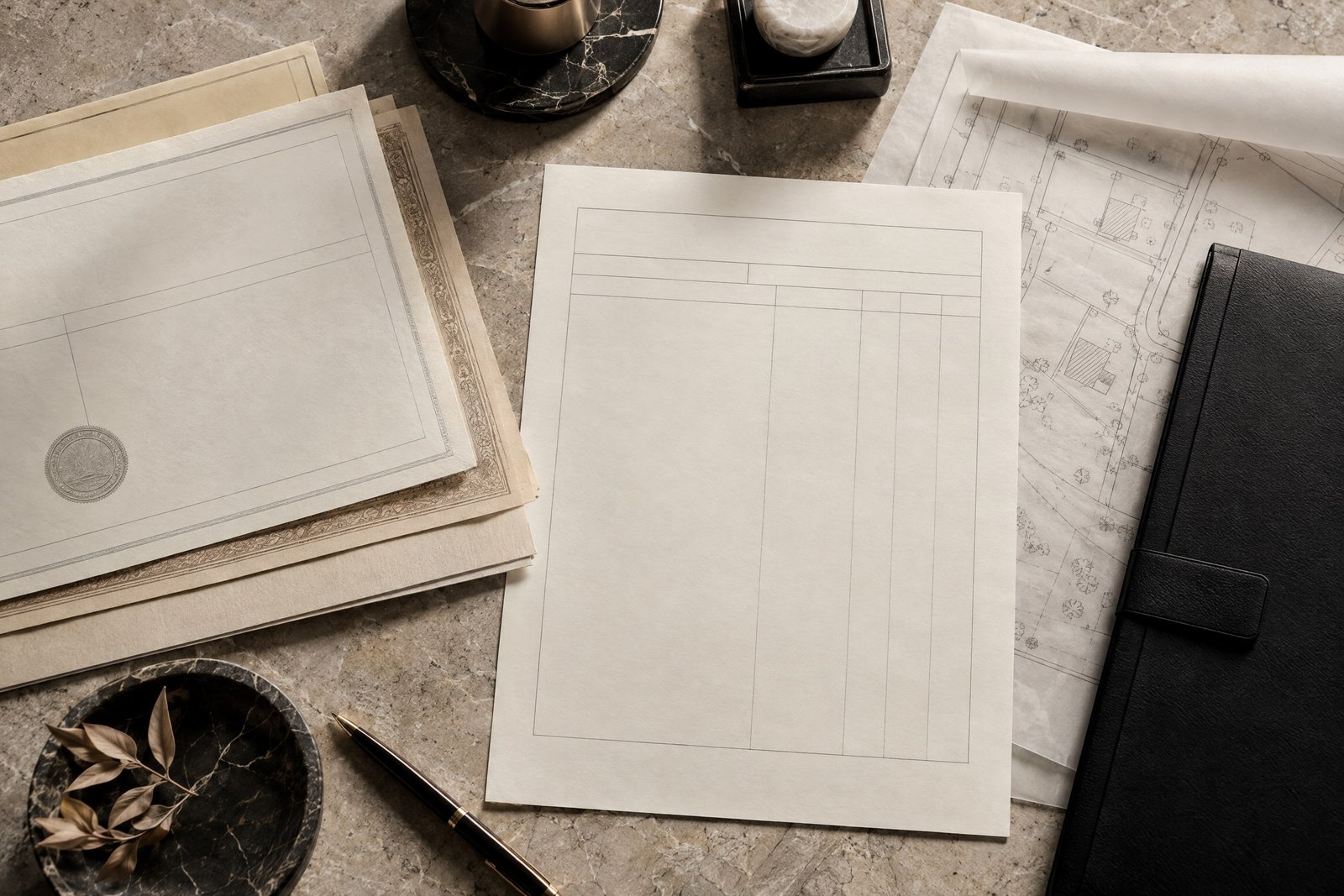 Monochrome title-material and architectural-paper composition representing Bangladesh property diligence.