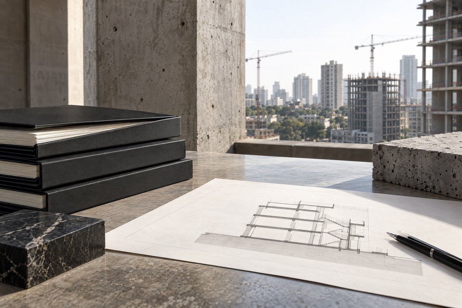 Monochrome project-file and concrete composition representing construction-permit controls.