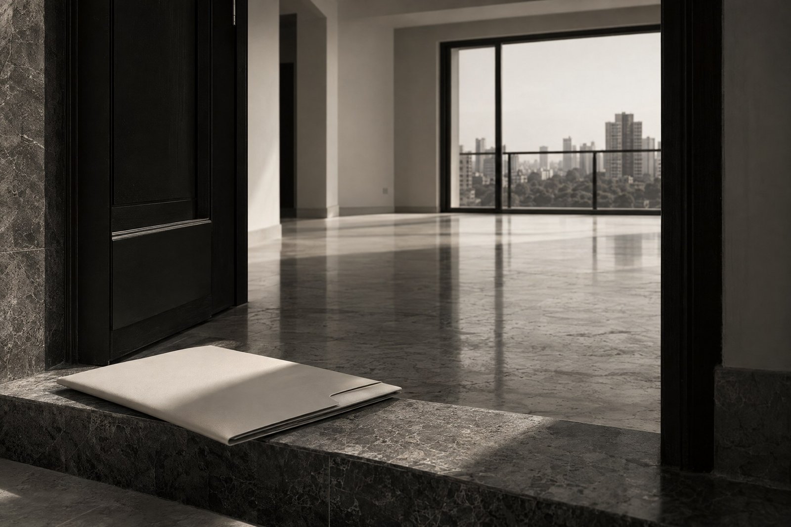 Monochrome completed-interior and handover-file composition representing project closeout.
