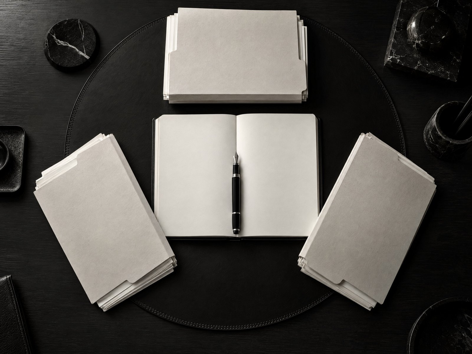 Black-and-white folders and ledger arranged to suggest trustee oversight in Bangladesh.