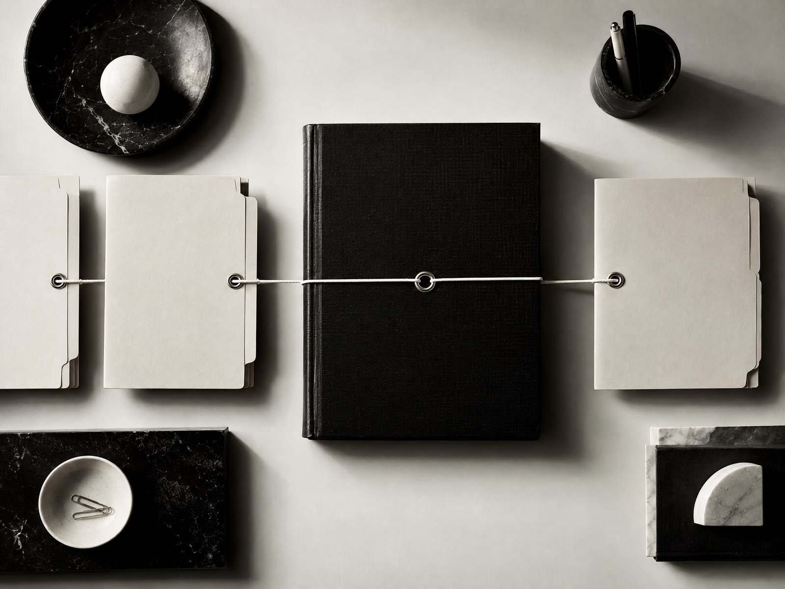 Monochrome archival folders and ledger arranged to suggest controlled trust records and compliance.